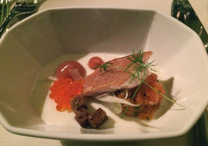 Golden trout roe, smoked Fresh Water Farms rainbow trout, Ohio-River steelhead tartare, ginger panna cotta, rhubarb, and rye