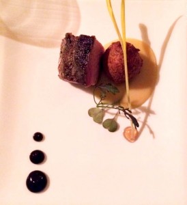 Black-Angus short rib–sweetbread croquette with spelt, sumac, goat cheese, pickled chanterelle mushrooms, citrus lace, and red-ribbon sorrel