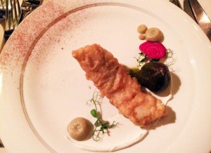 Lake Erie walleye tempura with cherry tomatoes, roasted eggplant purée, lemon labneh, Chioggia beets, pea tendrils, and beet powder