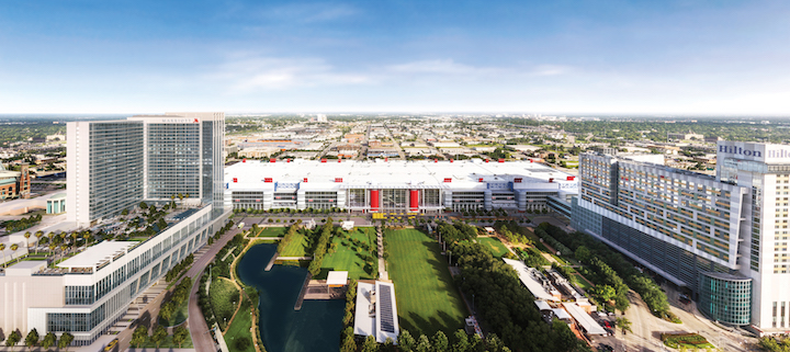 The rendering at left shows Houston’s developing convention-center campus, anchored by 12-acre Discovery Green, in front of the George R. Brown Convention Center. A 1,000-room Marriott Marquis, at left, will open in November.