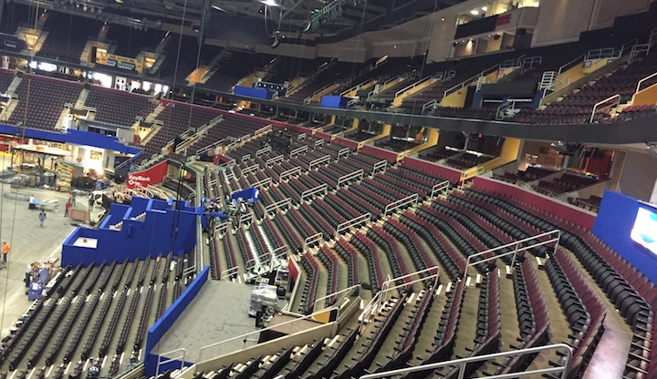 Open Seats Construction crews removed several rows of seating to make more room for delegates.