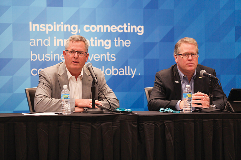 News to Them Meetings Mean Business co-chairs Richard Harper and Paul Van Deventer spoke at a press conference at PCMA Convening Leaders 2017.