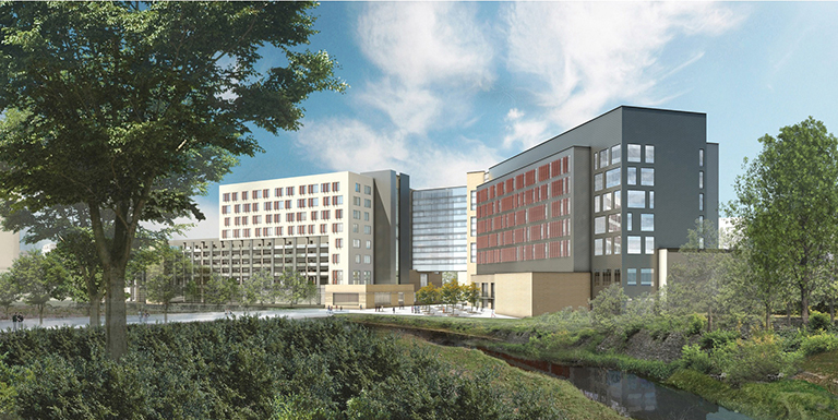 Coming Soon A rendering of Dell Medical School’s Health Transformation and Health Discovery buildings, now under construction.
