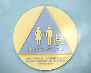 Gender-neutral signs posted at public bathrooms in West Hollywood, California.