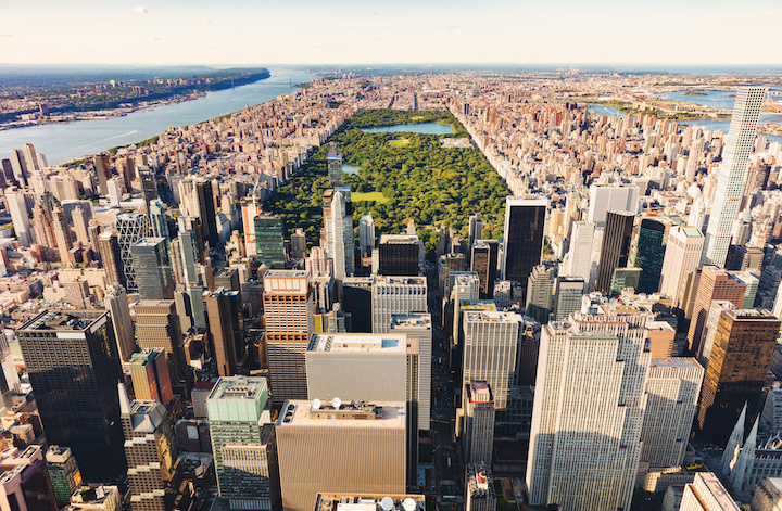 Aerial view of Central Park and Times Square, New York CIty at sunset